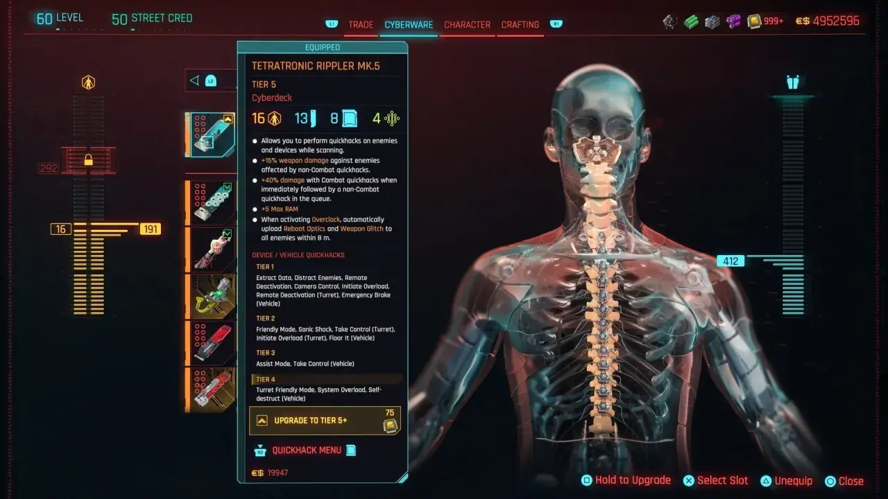 Cyberdeck Tetratronic Rippler MK.5 - jedna z najlepszych broni w Cyberpunk 2077, pozwala na szybkie hakowanie wrogów i urządzeń.