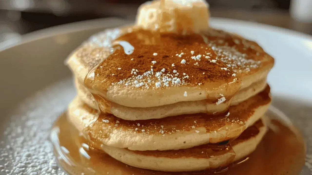 Pile de pancakes moelleux, nappés de sirop d'érable et saupoudrés de sucre glace. Une recette de pancakes qui fait saliver !