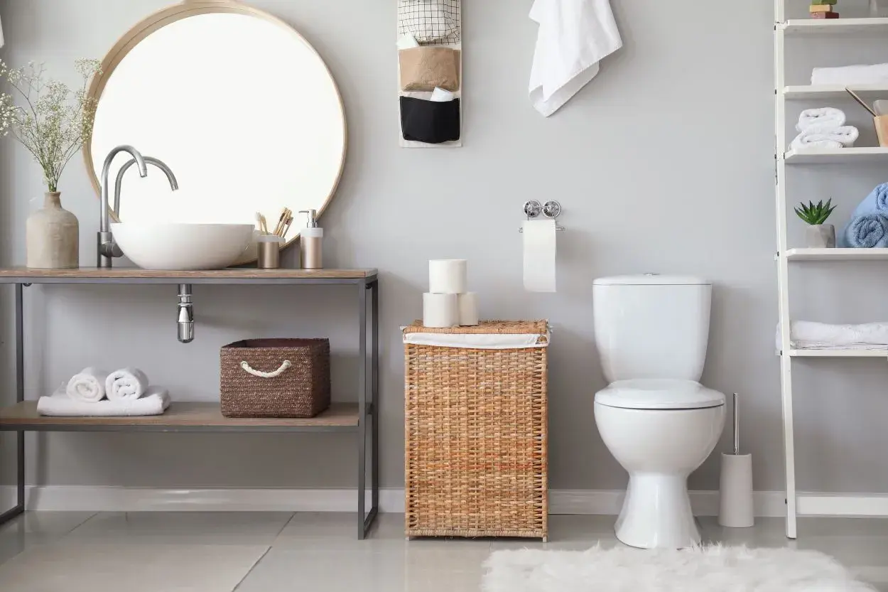 Bagno moderno con lavabo, specchio, cesto in vimini e rotolo di carta igienica. L'altezza porta rotolo carta igienica è ben visibile.