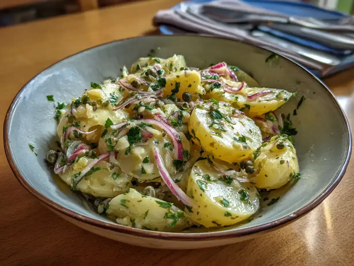En skål med läcker italiensk potatissallad, full av potatis, rödlök, kapris och färska örter.