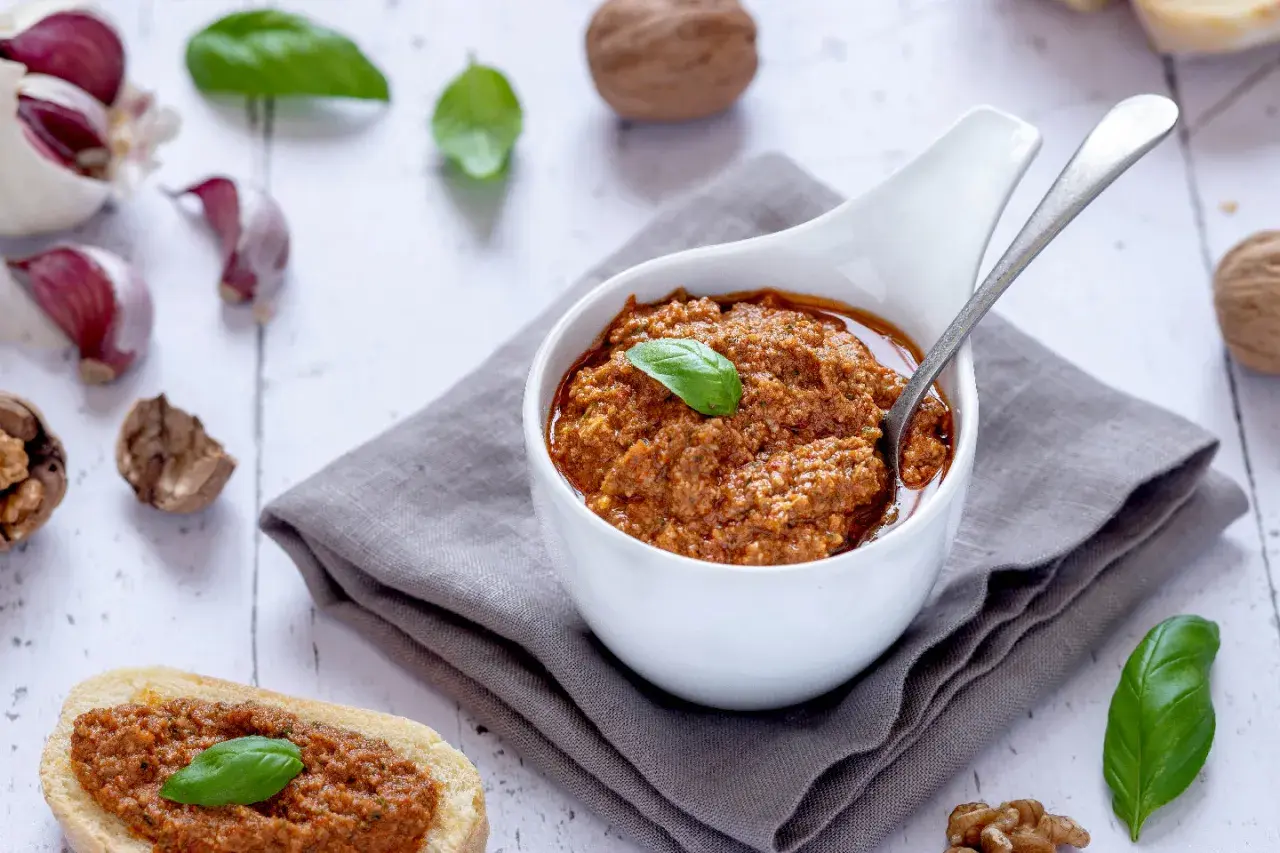 Pesto di pomodori secchi e noci, gustoso e profumato, pronto per essere spalmato su pane croccante o per condire la pasta.