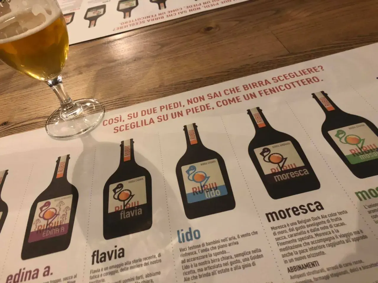Un bicchiere di birra e un menu del birrificio Rubiu con diverse etichette di birra.