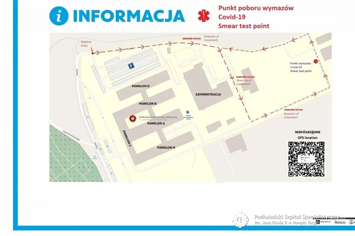Mapa pokazuje jak dojechać z dworca w Krakowie do szpitala Jana Pawła II w Nowym Targu, wskazując drogę do punktu poboru wymazów Covid-19.
