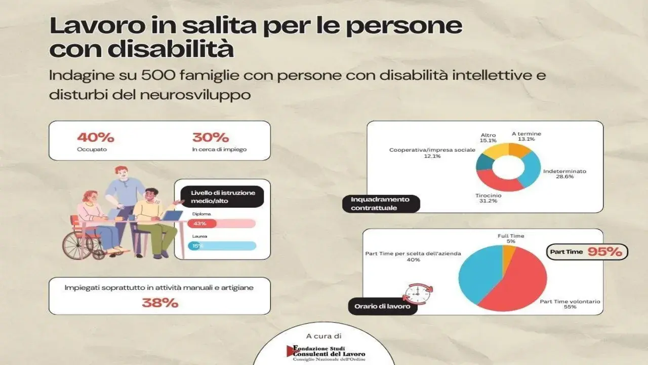 Lavoro e invalidità civile: il 40% è occupato, il 30% cerca impiego. Il part time volontario è al 55%, con il 95% che sceglie questa modalità.