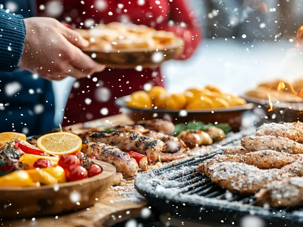 Un **barbecue de Noël** en plein air, avec des saucisses grillées, des légumes colorés et des flocons de neige tombant.