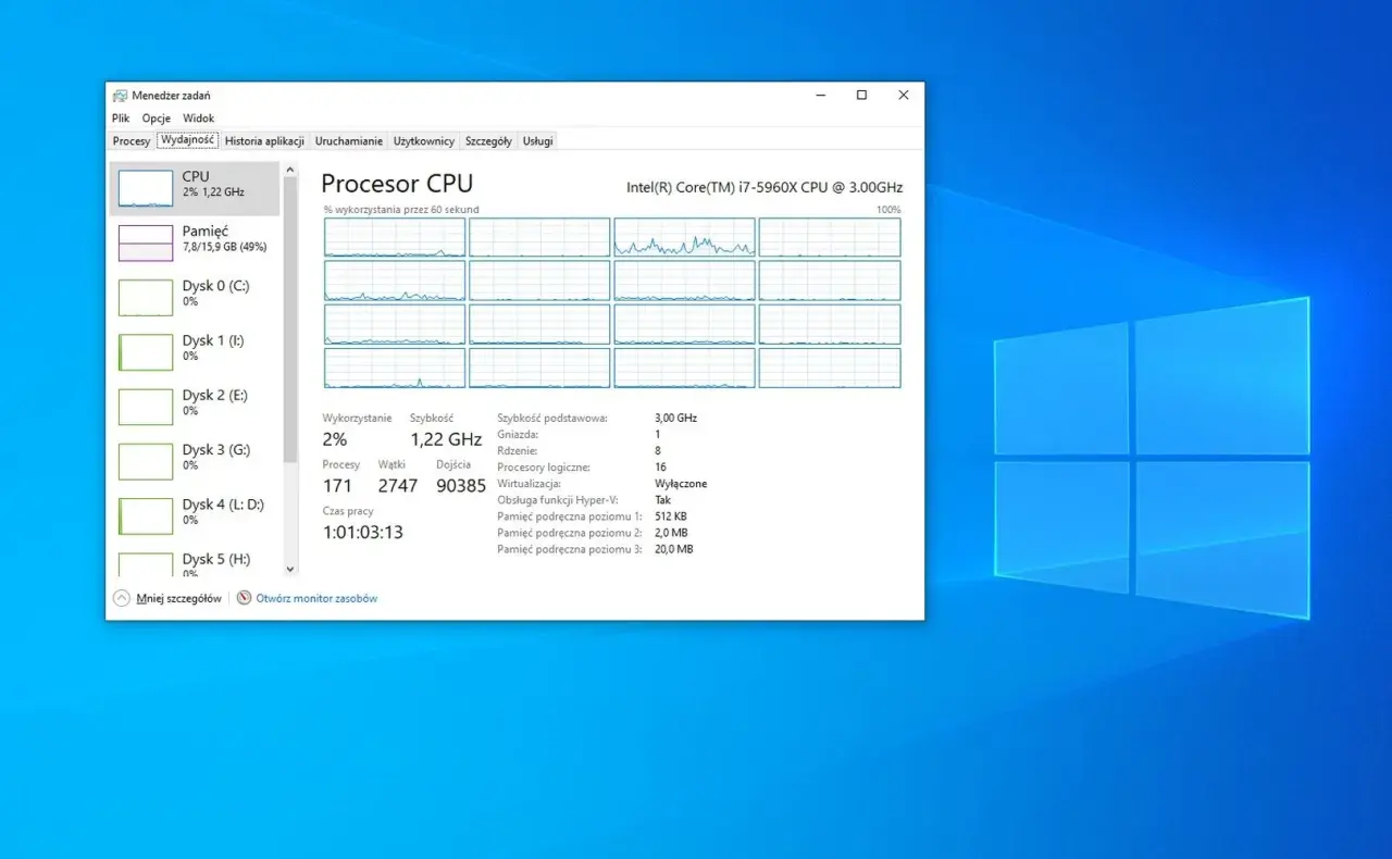 Menedżer zadań na MacBooku pokazuje niskie obciążenie CPU (2%) i wykorzystanie pamięci (49%) podczas pracy z procesorem Intel Core i7.