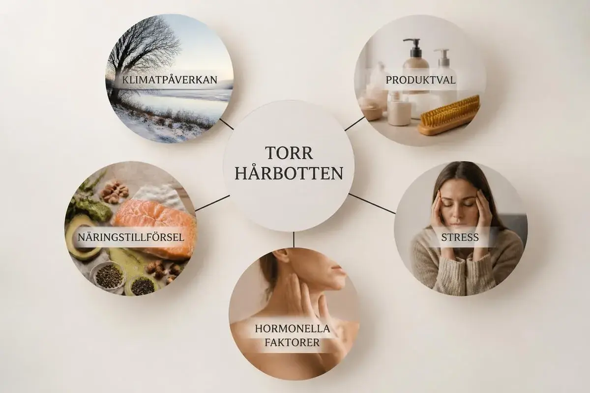 Diagrammet visar orsaker till torr hårbotten: klimatpåverkan, produktval, stress, hormonella faktorer och näringsstillförsel.
