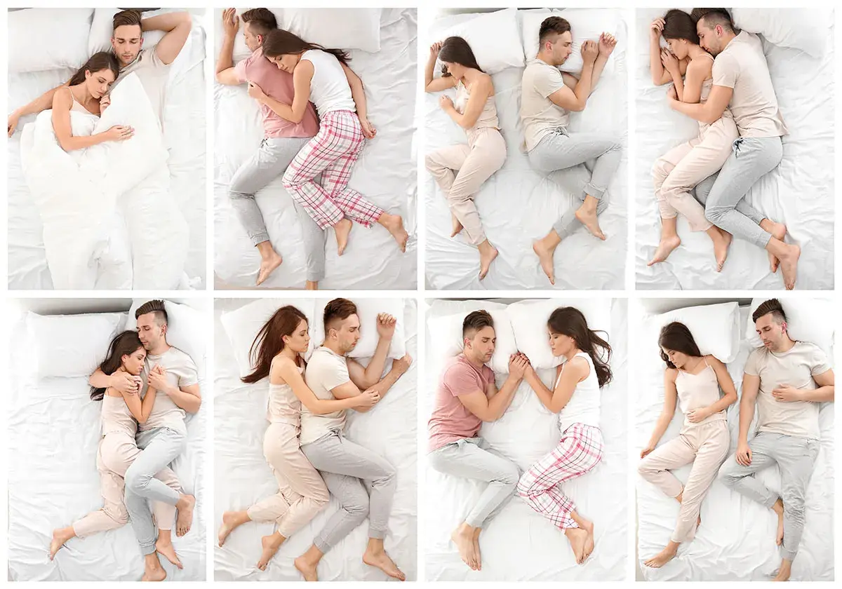 Paare in verschiedenen Schlafpositionen. Die Schlafposition Bedeutung kann viel über die Beziehung aussagen.