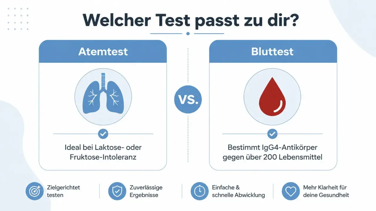 Vergleich von Atemtest (Laktose-/Fruktoseintoleranz) und Bluttest (IgG4-Antikörper gegen Lebensmittel).