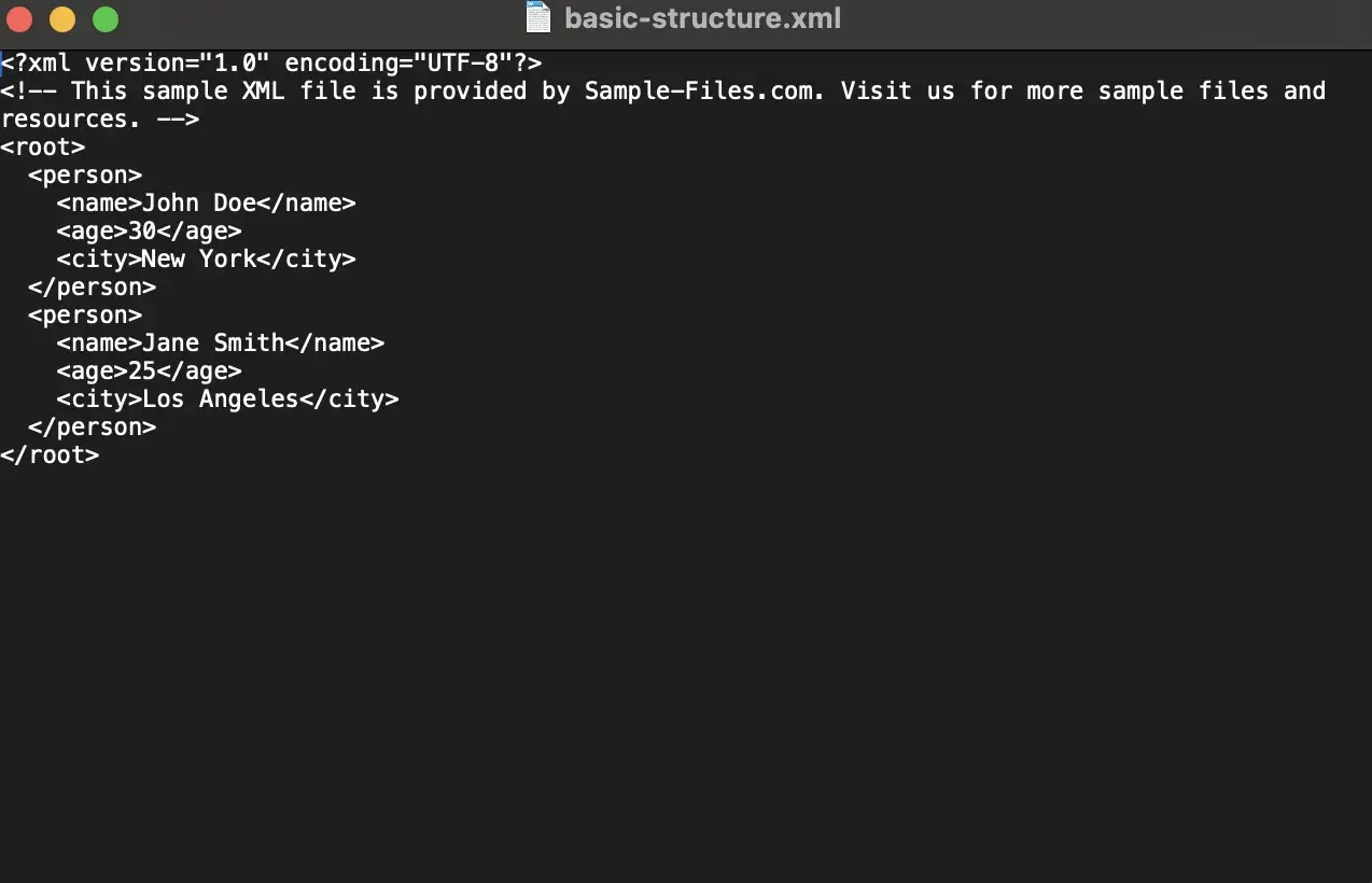 Schermata che mostra come aprire file XML con dati di persone, età e città.