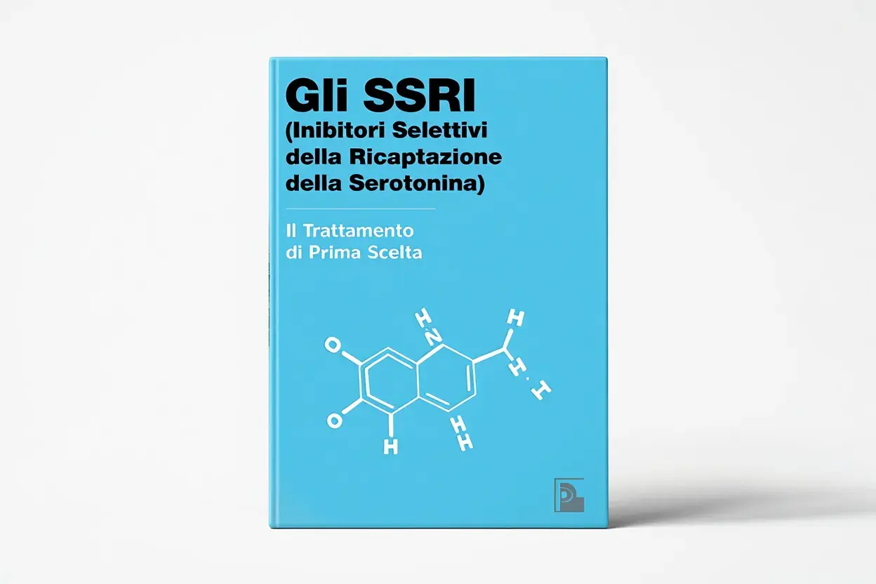 Copertina di libro blu con titolo "Gli SSRI (Inibitori Selettivi della Ricaptazione della Serotonina) - Il Trattamento di Prima Scelta". La fluoxetina a cosa serve è spiegato nel testo.