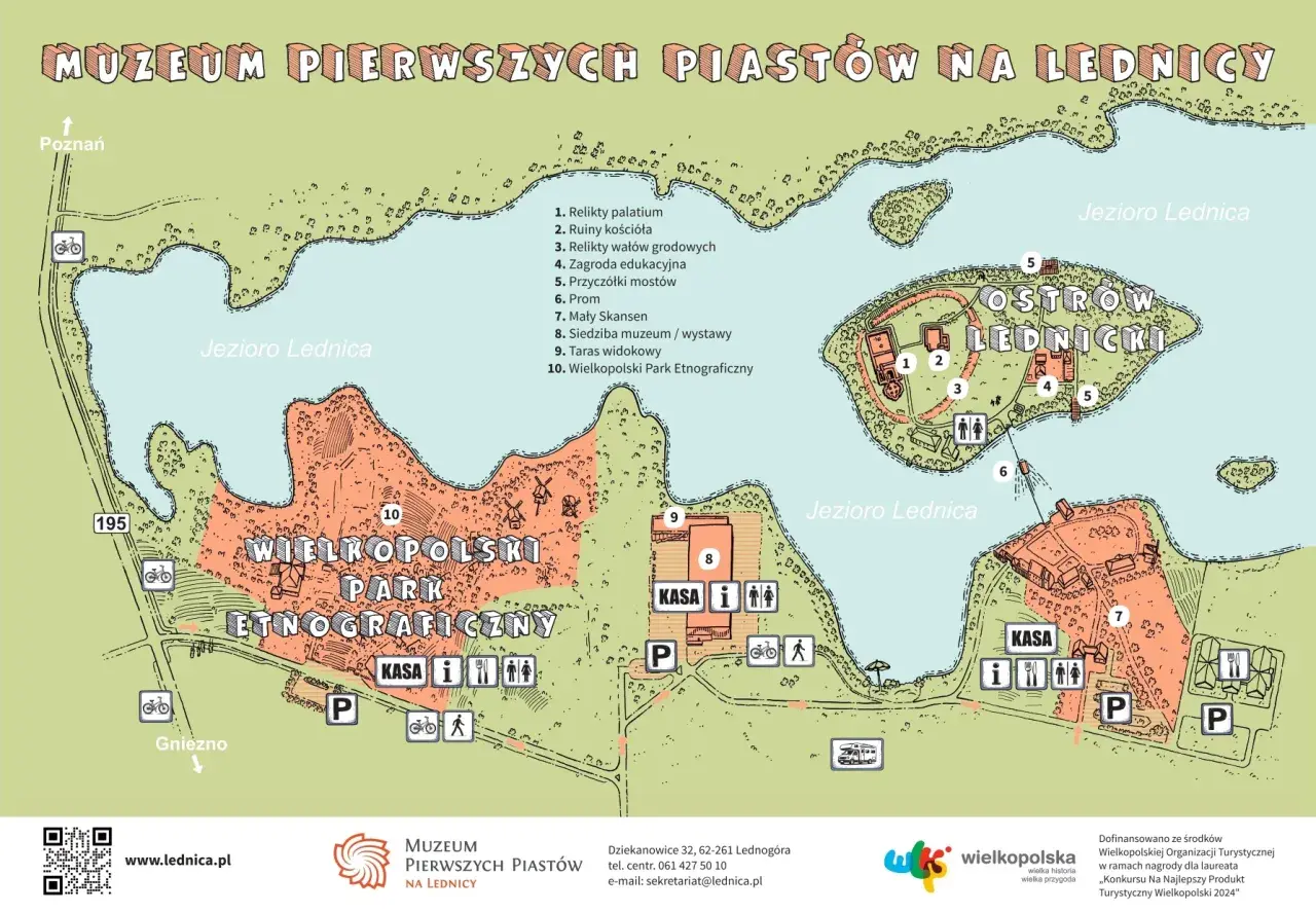 Mapa Muzeum Pierwszych Piastów na Ostrowie Lednickim. Widok na jezioro, grodzisko, skansen i ścieżki.