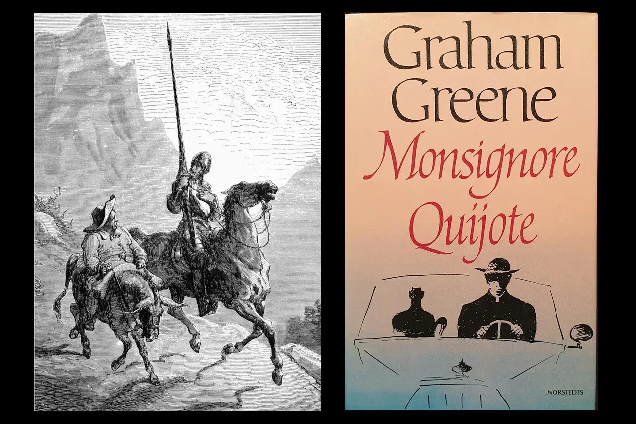 En illustration av riddaren av den sorgliga skepnaden på häst, bredvid bokomslaget till Graham Greenes "Monsignore Quijote".
