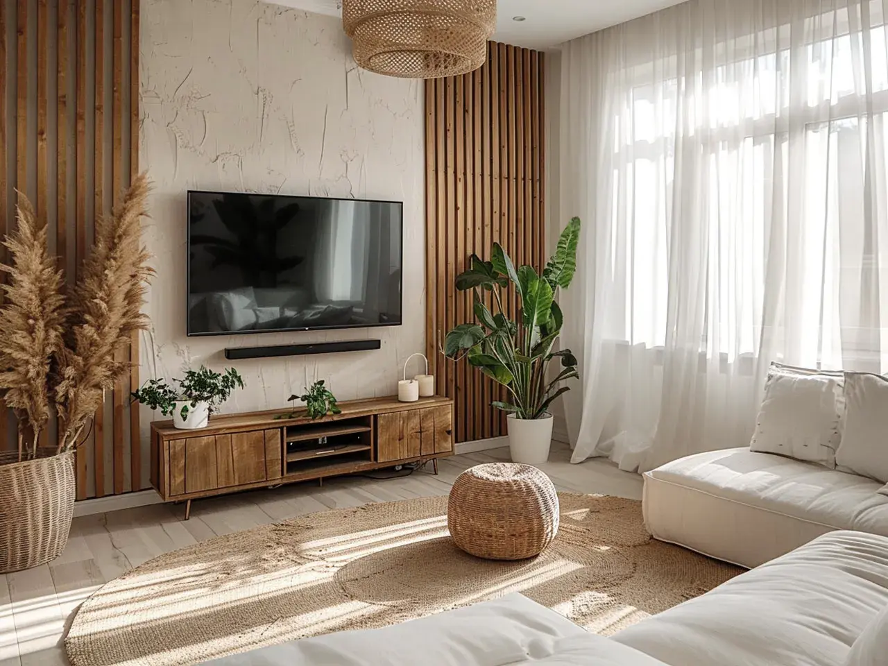 Gemütliche wohnzimmer ideen boho: Holzelemente, Pampasgras und ein beiger Teppich schaffen eine entspannte Atmosphäre.