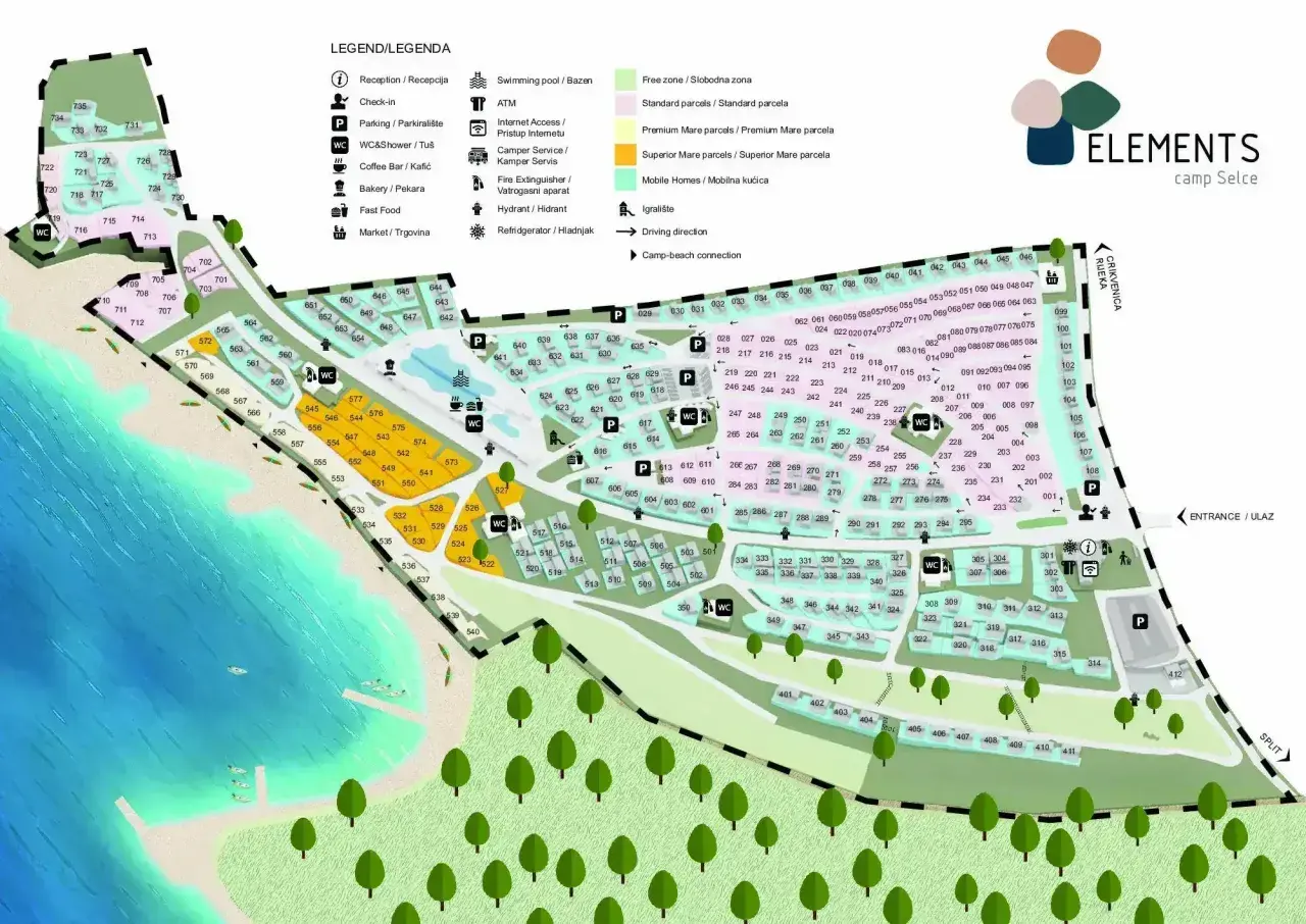 Mapa kempingu Selce: plaża, baseny, parcele standardowe i premium, domki mobilne, restauracje i inne udogodnienia. Idealne miejsce na camping Selce.