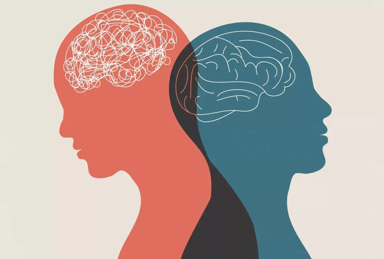 Dwa profile ludzkie, jeden z chaotycznym mózgiem, drugi z uporządkowanym. Symbolizuje to wyzwania i możliwości w studiach psychologicznych.