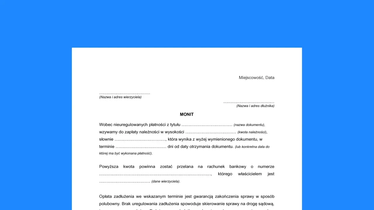 Wezwanie do zapłaty z nagłówkiem MONIT, zawierające dane wierzyciela i dłużnika, kwotę należności oraz termin płatności.