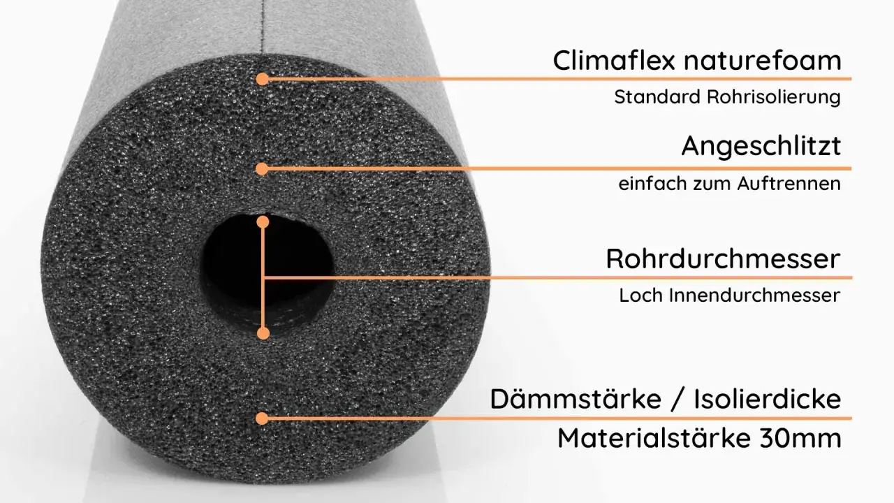 Schwarze Rohrisolierung mit 30mm Materialstärke. Ideal zum heizungsrohre isolieren, da sie angeschlitzt und einfach zu verarbeiten ist.
