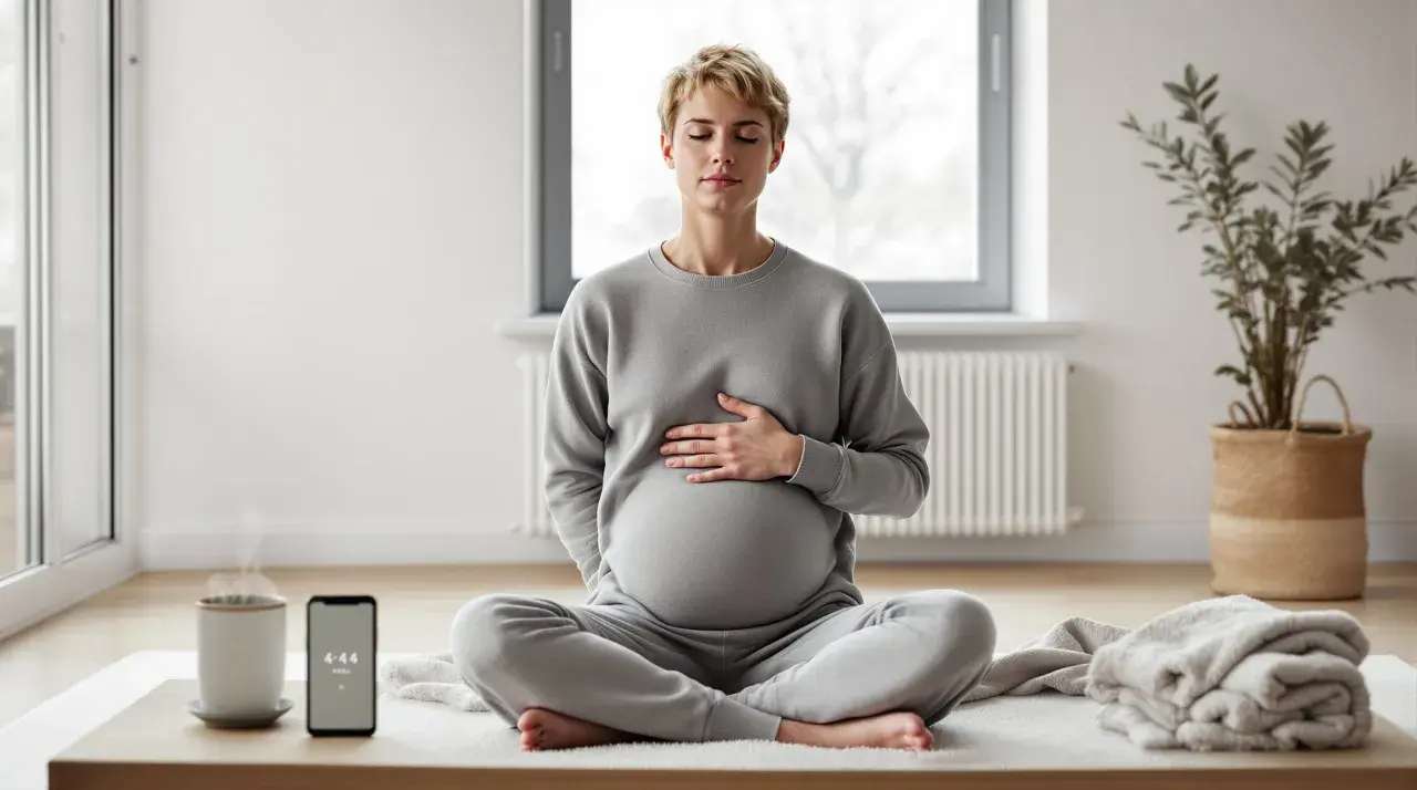 Gravid kvinna med slutna ögon sitter i lotusställning, utövar mental avslappning. En kopp ångande te och en telefon syns bredvid.
