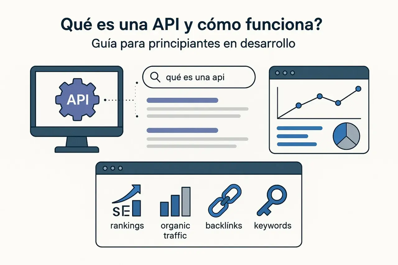 Ilustración explica qué es una API y cómo funciona, mostrando un monitor con "API", una barra de búsqueda, gráficos y elementos SEO.