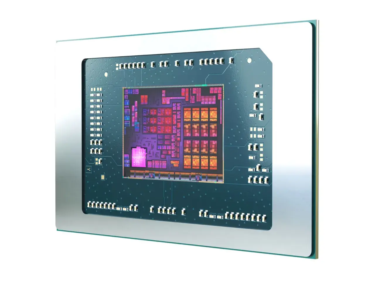 Nahaufnahme eines Prozessors, der den Ryzen 5 8600G zeigt. Die komplexen Schaltkreise leuchten in bunten Farben.