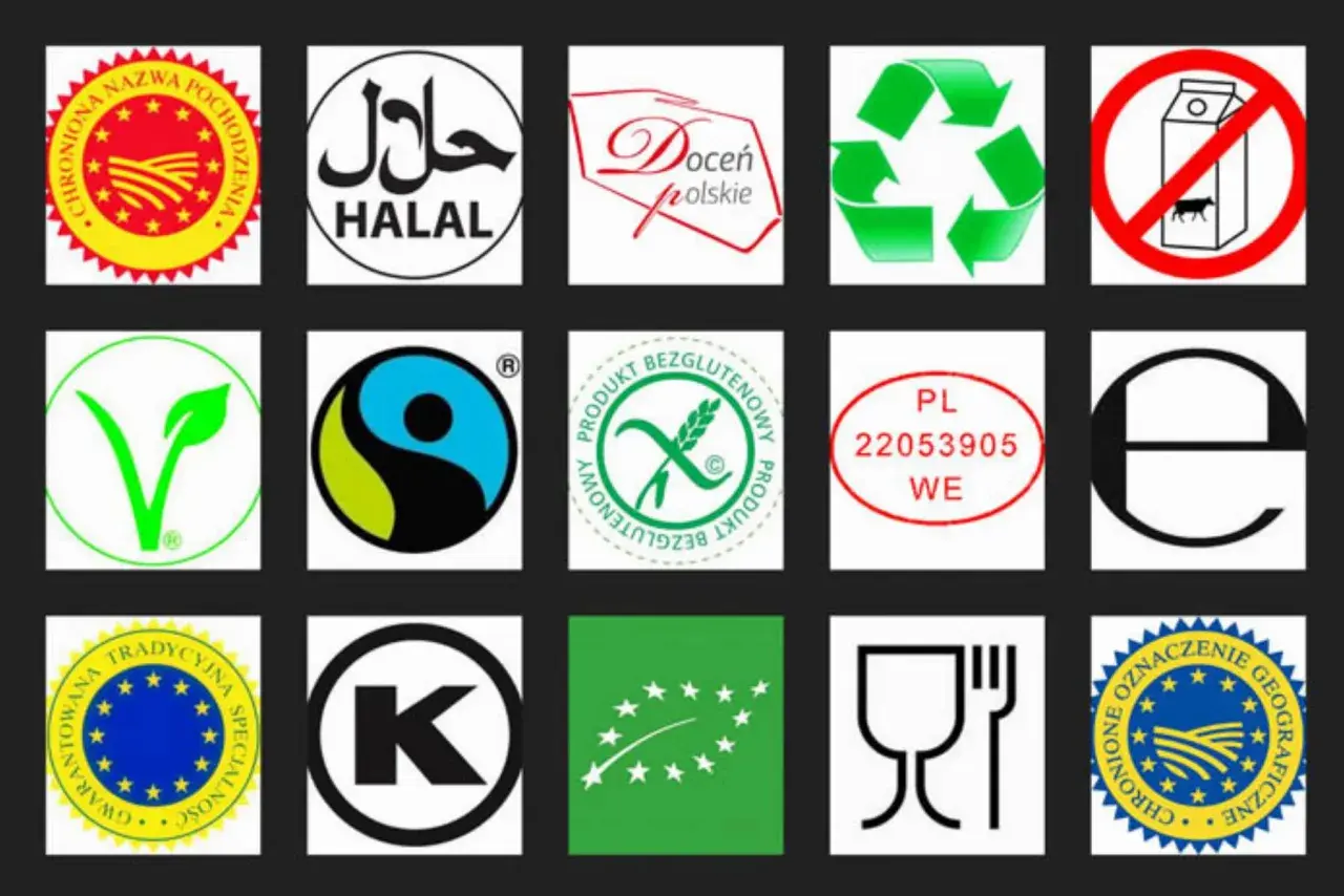 Symbole na opakowaniach i ich znaczenie: certyfikaty żywności, wegańskie, bezglutenowe, pochodzenia, recyklingu, Halal, Kosher, UE.