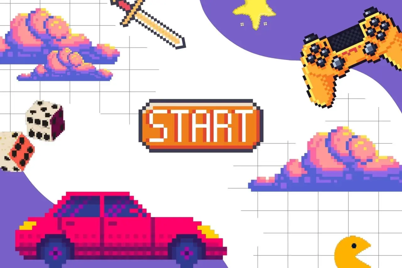 Pixelartowe wspomnienia: miecz, kostki, auto, pad i chmury. Powrót do **gier z dzieciństwa na komputer**.