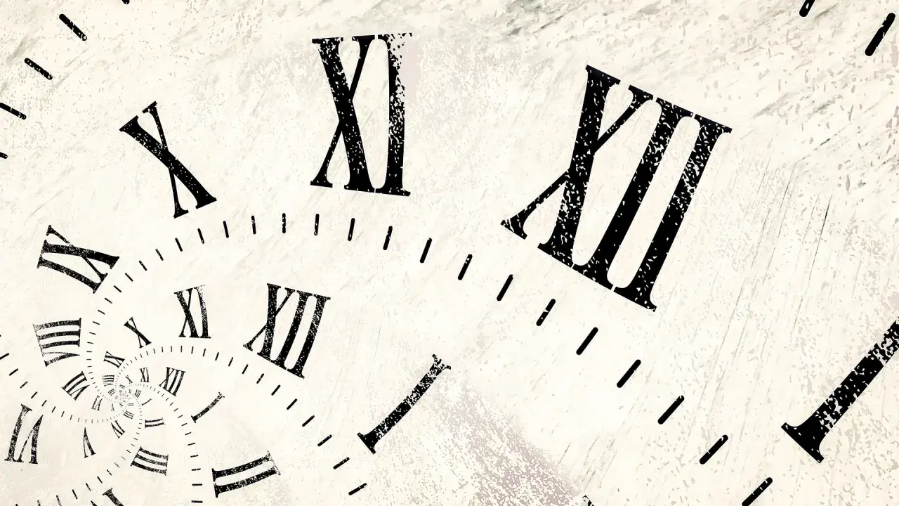 Un reloj con números romanos se retuerce en espiral, mostrando las reglas de los números romanos en un diseño abstracto y onírico.