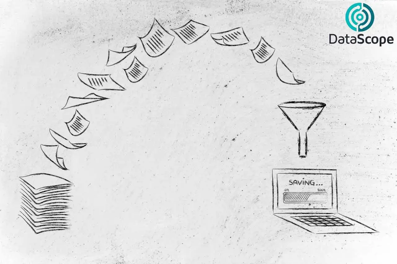 Un embudo digitaliza documentos, mostrando el proceso de ahorrar papel.