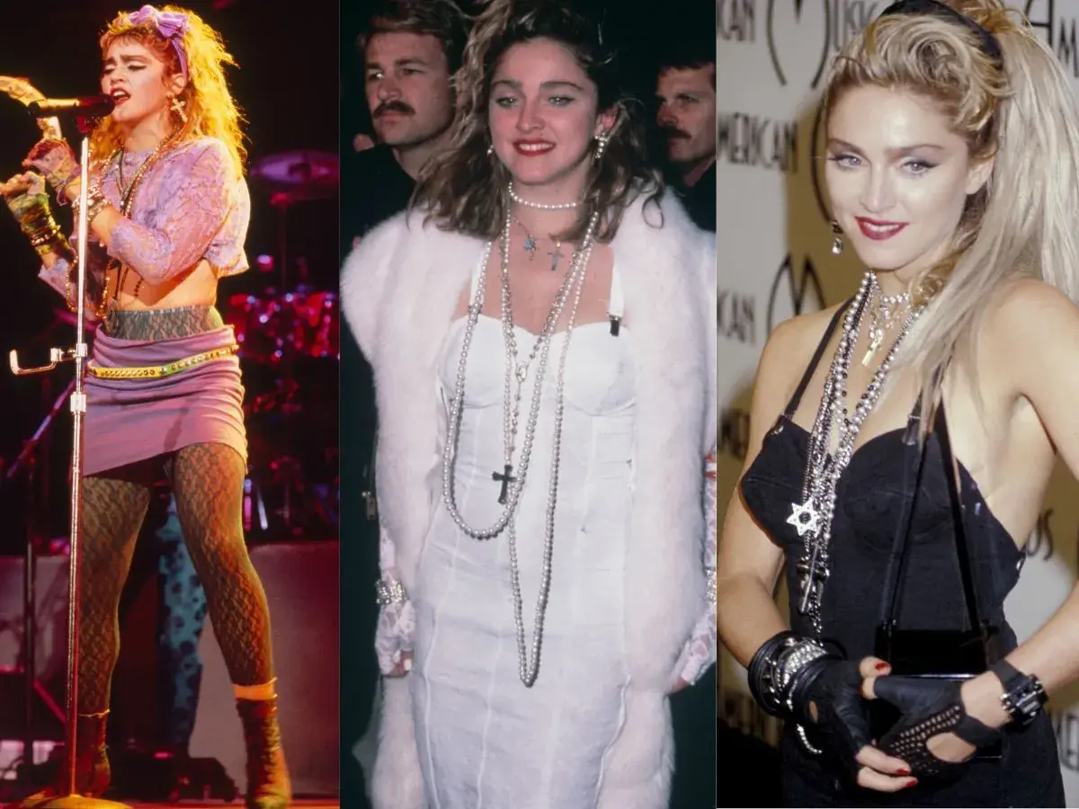 Madonna w stylizacjach z lat 80. na imprezę: fioletowa mini, biała kreacja z futrem i czarny top z naszyjnikami.
