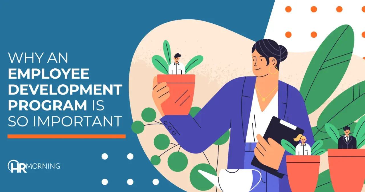 A woman tends to potted plants, each with a tiny person inside, symbolizing total employee development. Text reads "Why an employee development program is so important.