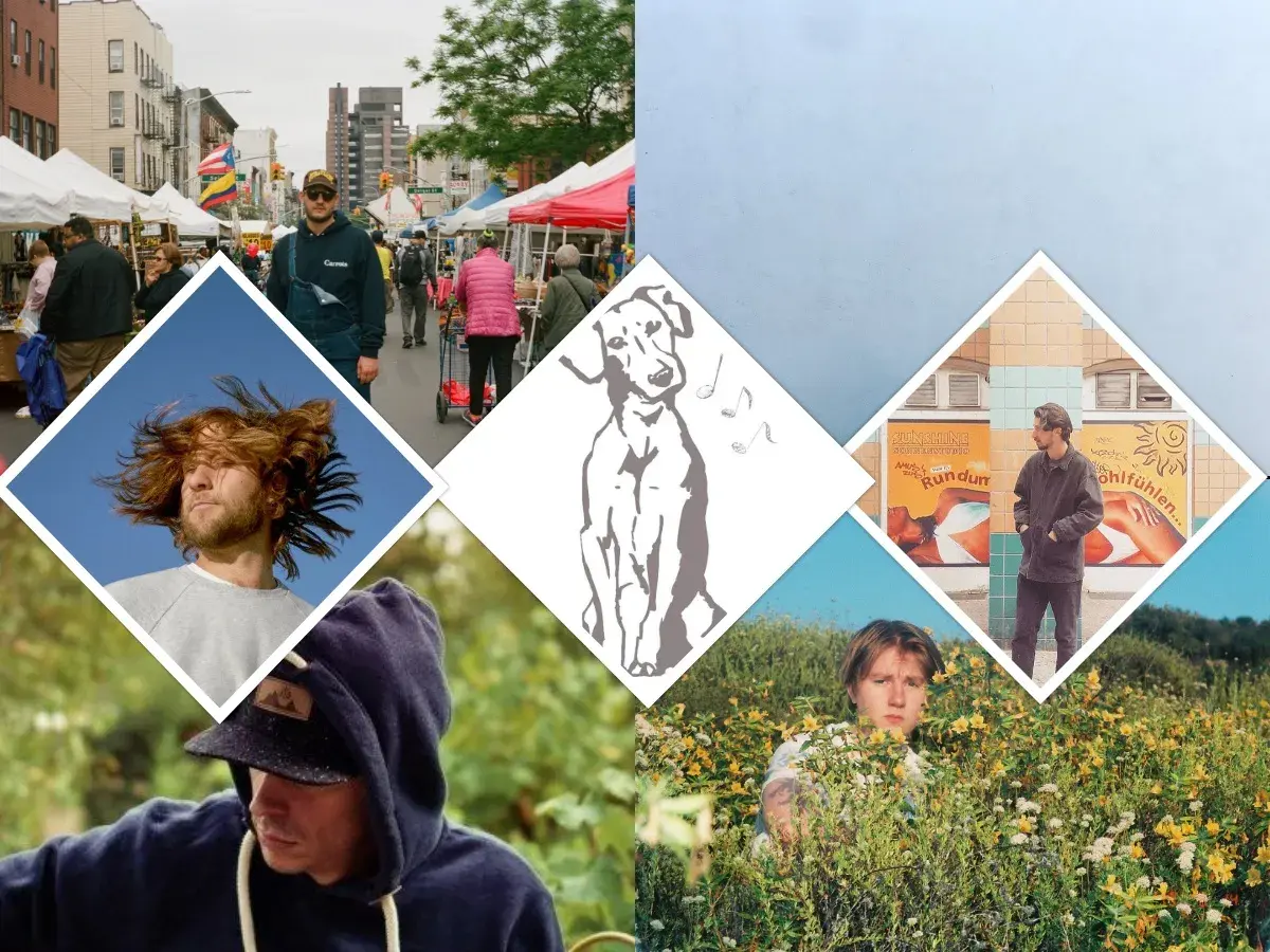 Collage de photos : homme aux cheveux roux, chien stylisé, homme devant des affiches, homme dans des fleurs, marché de rue.