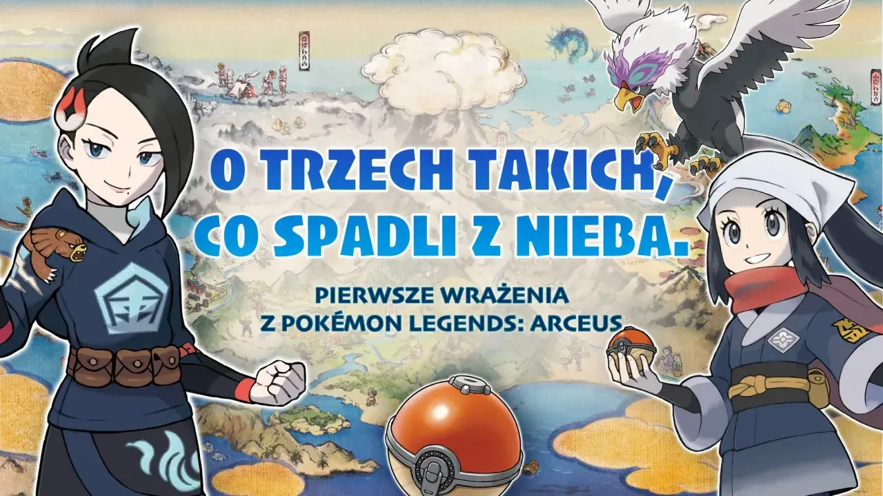 Dwie postacie z gry Pokémon Legends: Arceus, jedna z pokeballem, druga z pokeballem na ramieniu, na tle mapy Sinnoh.