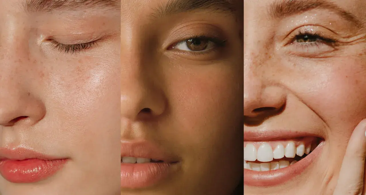 Trois visages aux teints variés, montrant comment faire son teint éclatant avec des textures de peau naturelles et douces.