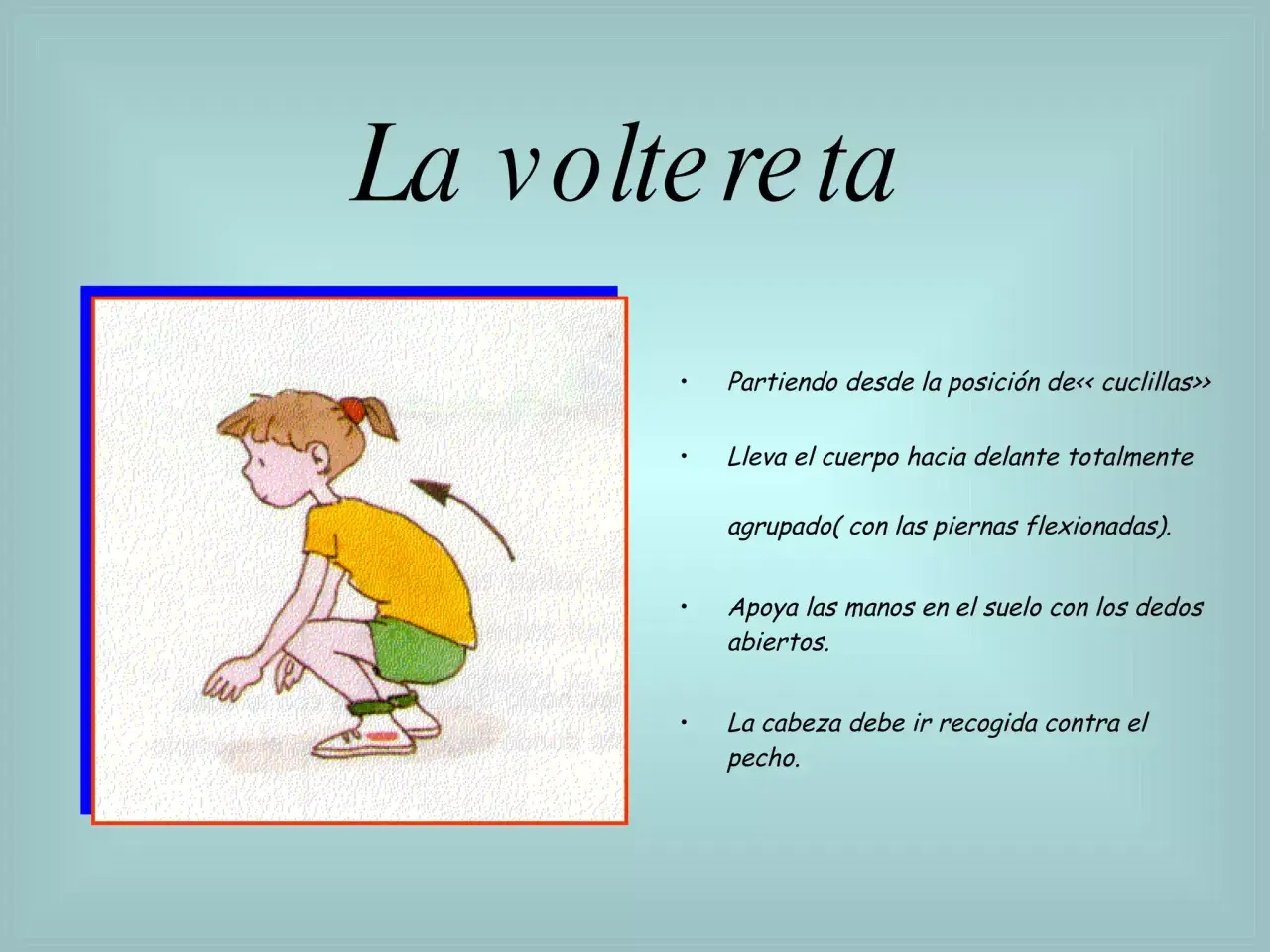 Ilustración de cómo hacer volteretas niños: un niño en cuclillas, listo para rodar.