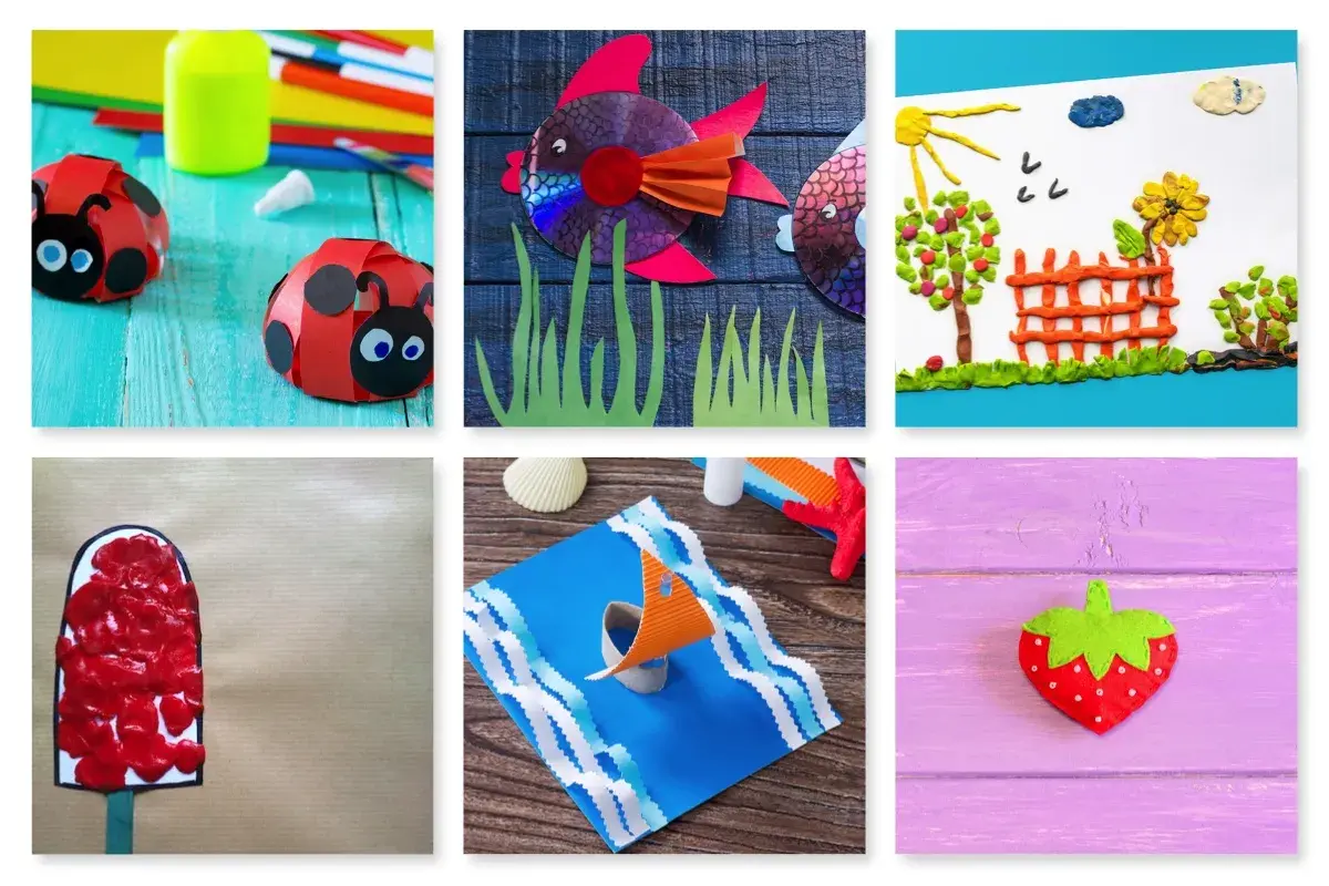 Manualidades para actividades infantil verano: mariquitas de papel, pez con CD, paisaje de plastilina, helado, barco y fresa.