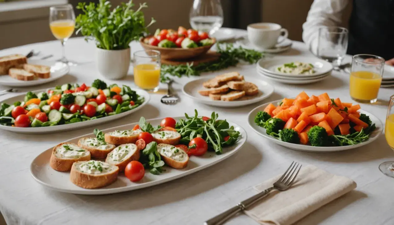 Une table dressée avec des salades colorées, des toasts au fromage frais et des jus d'orange. Une entrée simple et bluffante pour un repas convivial.