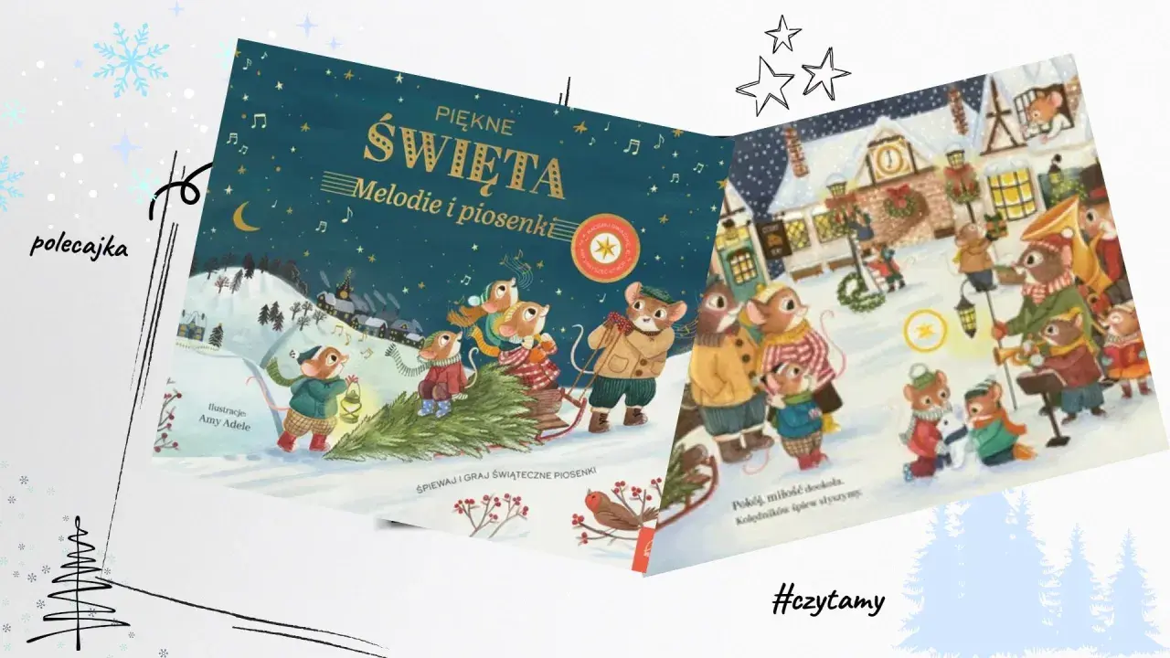 Myszki grają kolędy na harmonijce, tworząc świąteczną atmosferę. Ilustracja z książki "Piękne Święta".