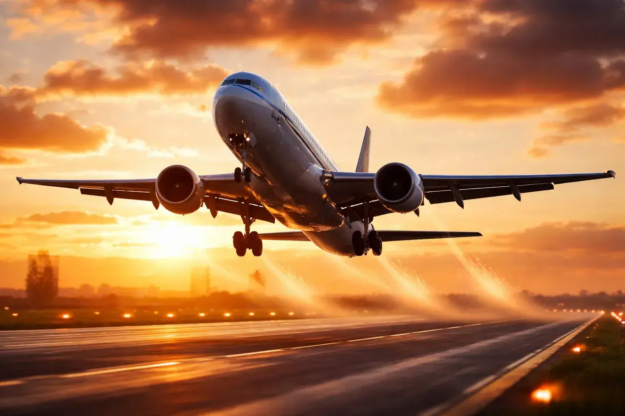 Avión despegando al atardecer, listo para un viaje con aerolíneas low cost.