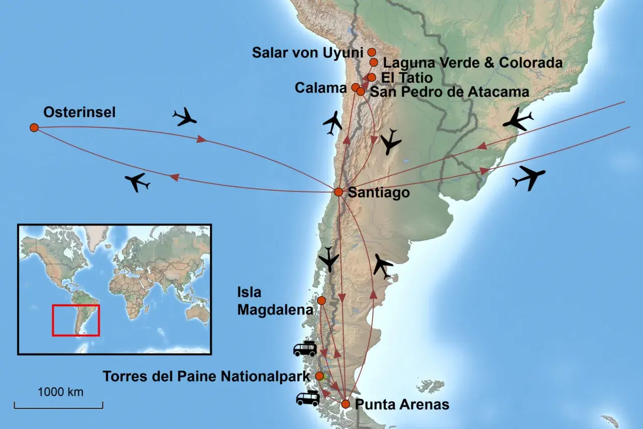 Reiseroute für Chile-Backpacking: Von Osterinsel über Atacama & Uyuni nach Patagonien. Flugzeuge und Busse markieren die Stationen.