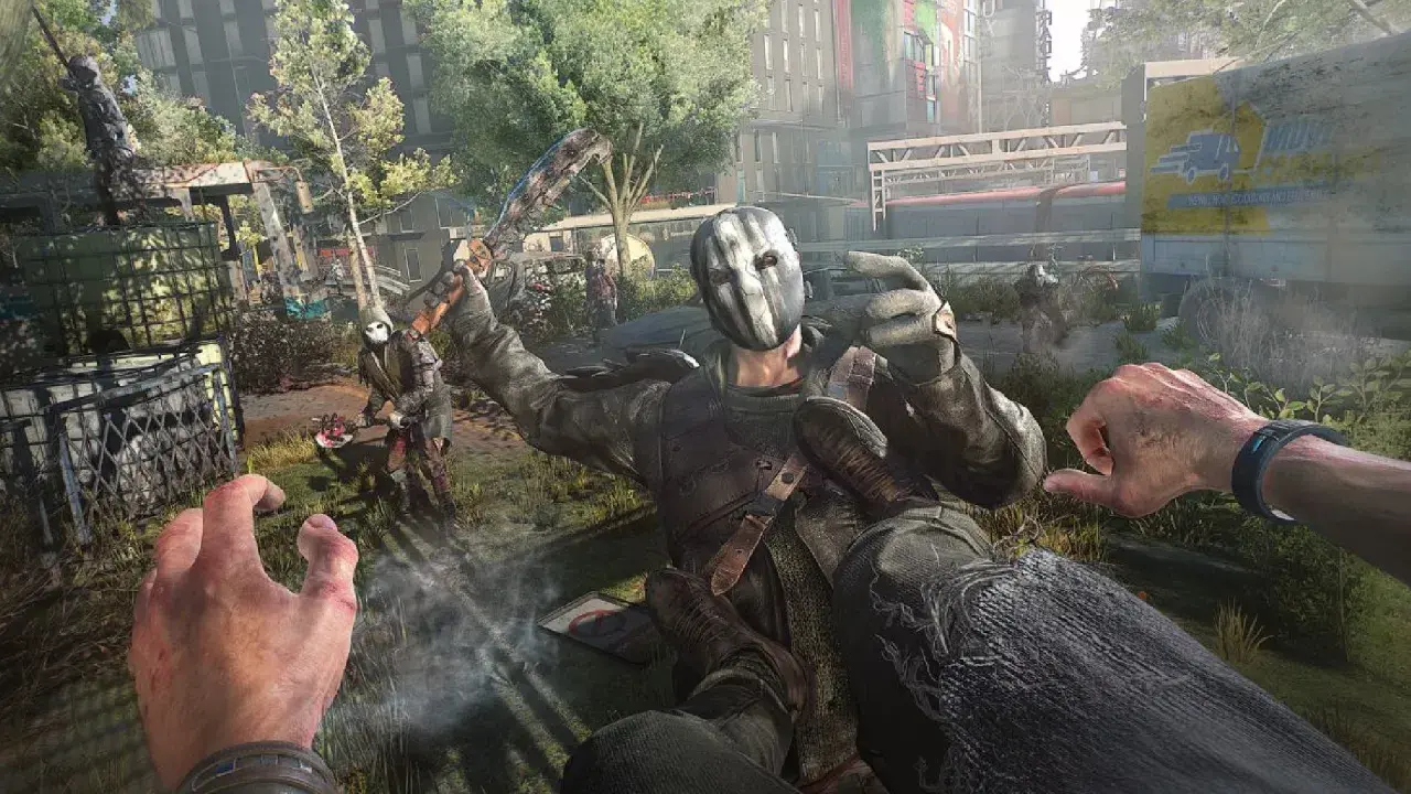 Gracz w grze Dying Light 2 poradnik walczy z przeciwnikiem w masce.