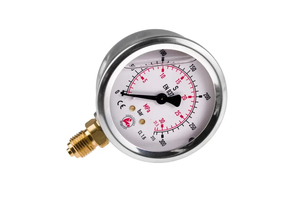 Manometr hydrauliczny z tarczą i wskazówką, z mosiężnym gwintem.
