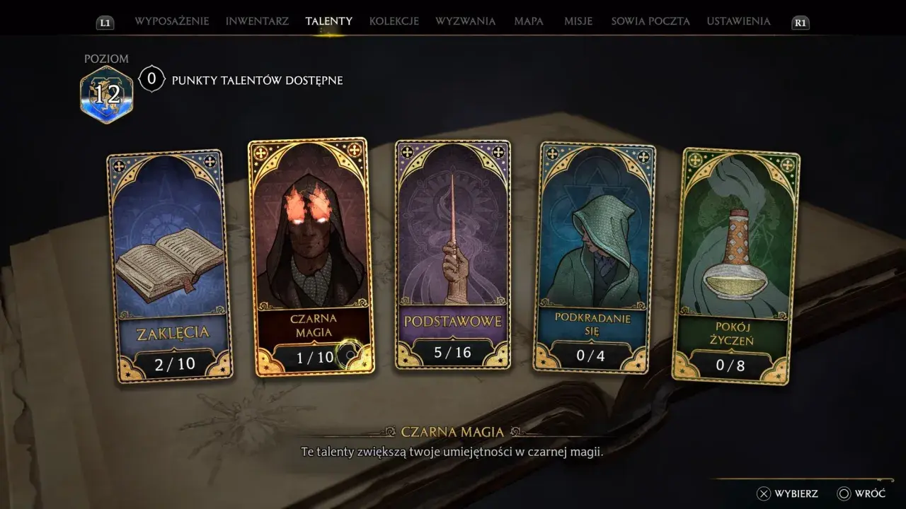 Menu talentów w Dziedzictwie Hogwartu: Zaklęcia, Czarna Magia, Podstawowe, Podkradanie się, Pokój Życzeń.