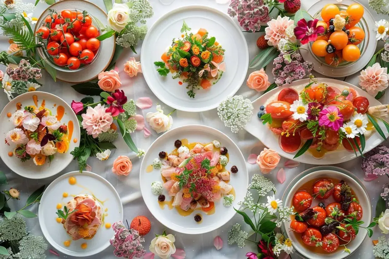 Un magnifique **entrée mariage repas** floral, avec des assiettes de mets colorés et des fleurs fraîches.