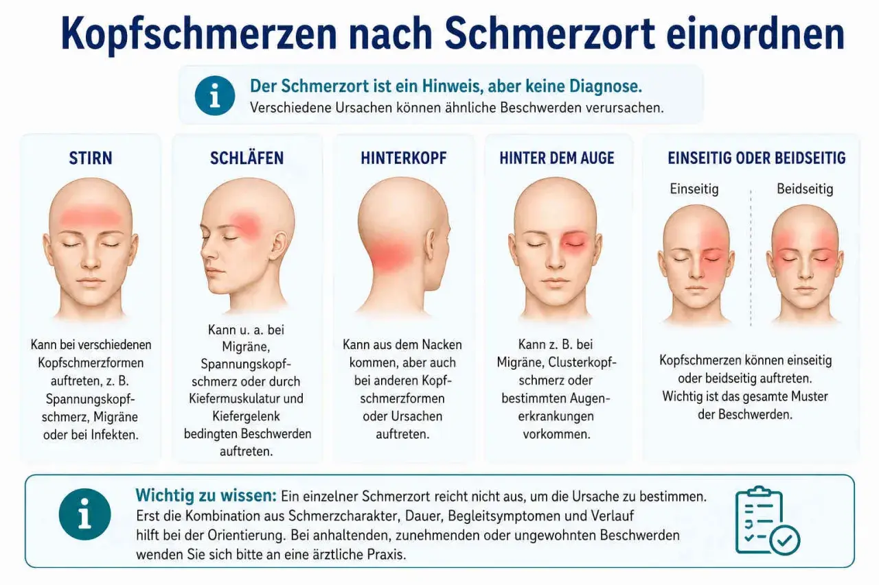 Kopfschmerzen auf dem Kopf: Stirn, Schläfen, Hinterkopf, Auge, einseitig oder beidseitig. Verschiedene Ursachen möglich.