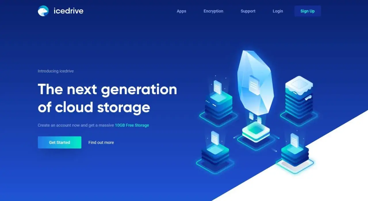 Icedrive: la próxima generación de almacenamiento en la nube, con 10GB gratis. Diseño futurista con cristales y servidores.