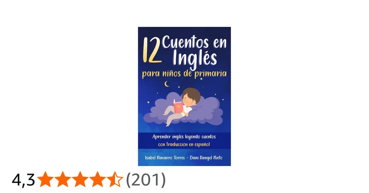 Un niño lee cuentos en inglés sobre una nube estrellada. El libro "12 Cuentos en Inglés para niños de primaria" ayuda a aprender inglés con traducción.