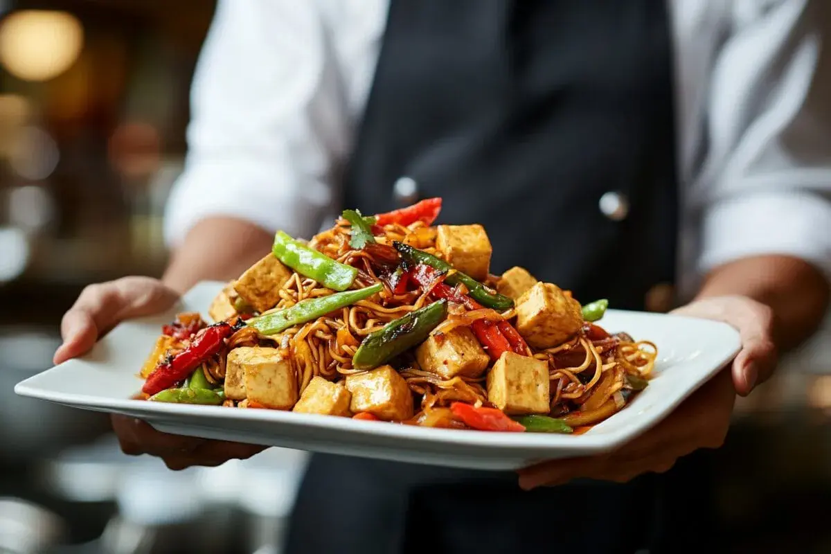 Talerz pełen aromatycznego makaronu z chrupiącym tofu, zielonym groszkiem i papryką, podany przez kelnera.