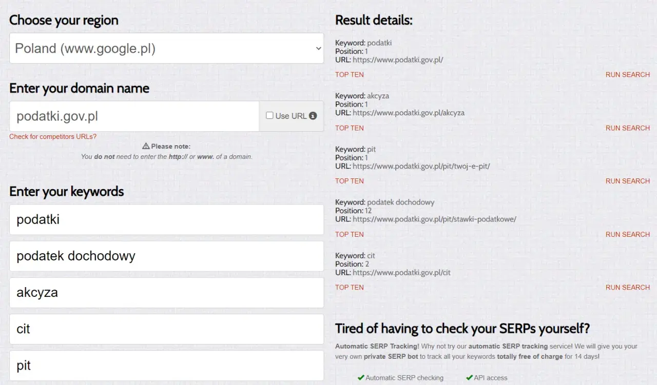 Wyniki wyszukiwania dla "podatki" pokazują, jak być widocznym w Google. Domena podatki.gov.pl zajmuje czołowe pozycje.