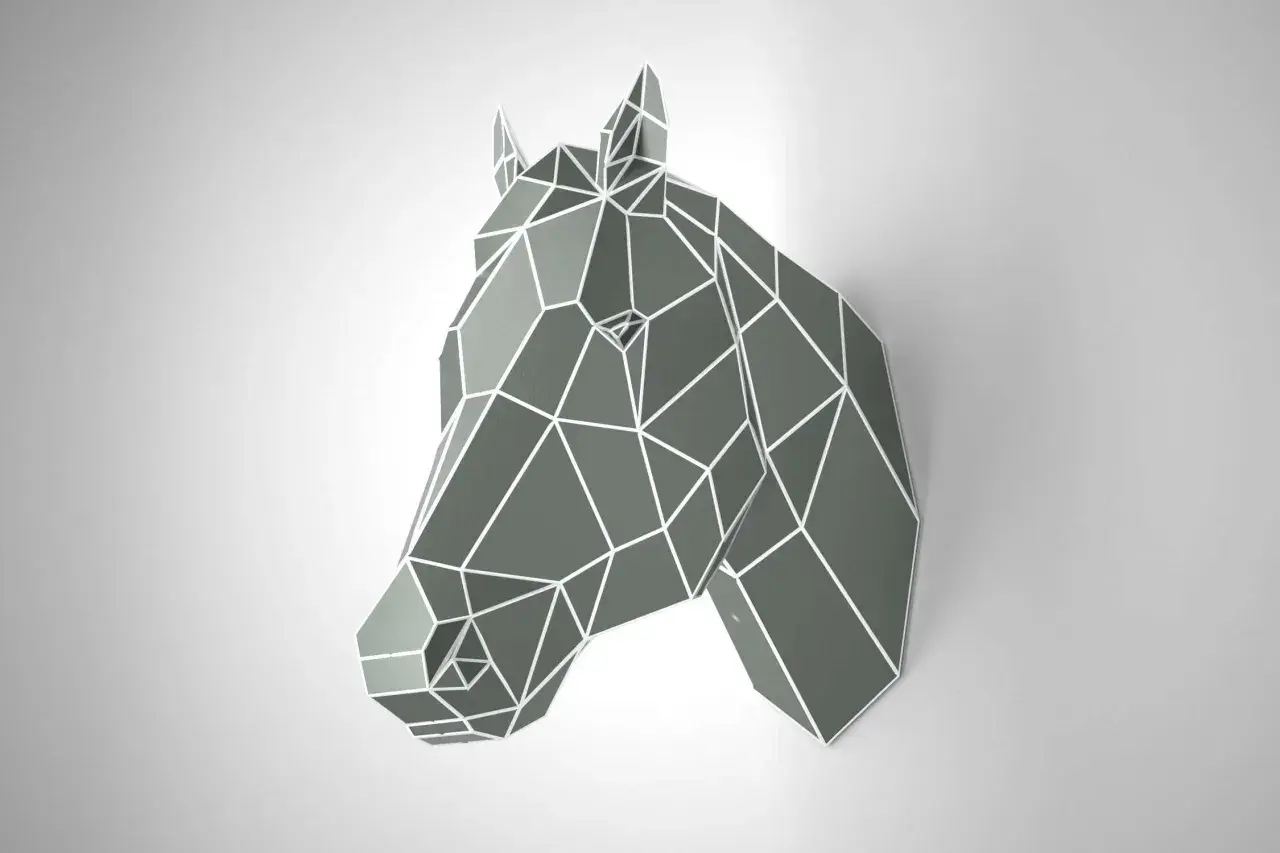 Geometryczny, szary koń z białymi liniami, jak zrobić konia z drewna.